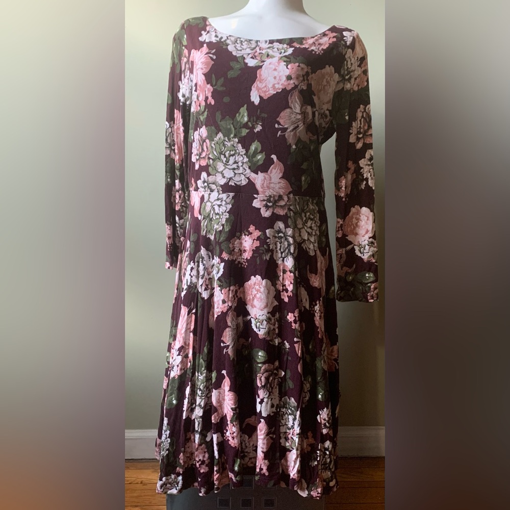 LOFT Floral A-Line Knee Length Dress Long Sleeve Multicolor